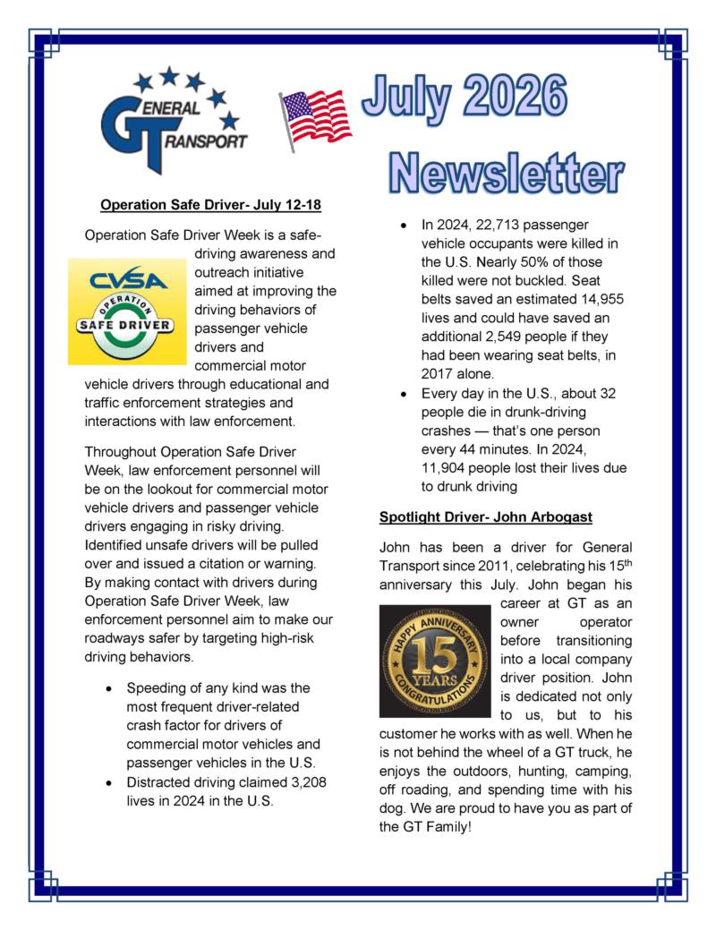 General Transport July 2026 Newsletter
